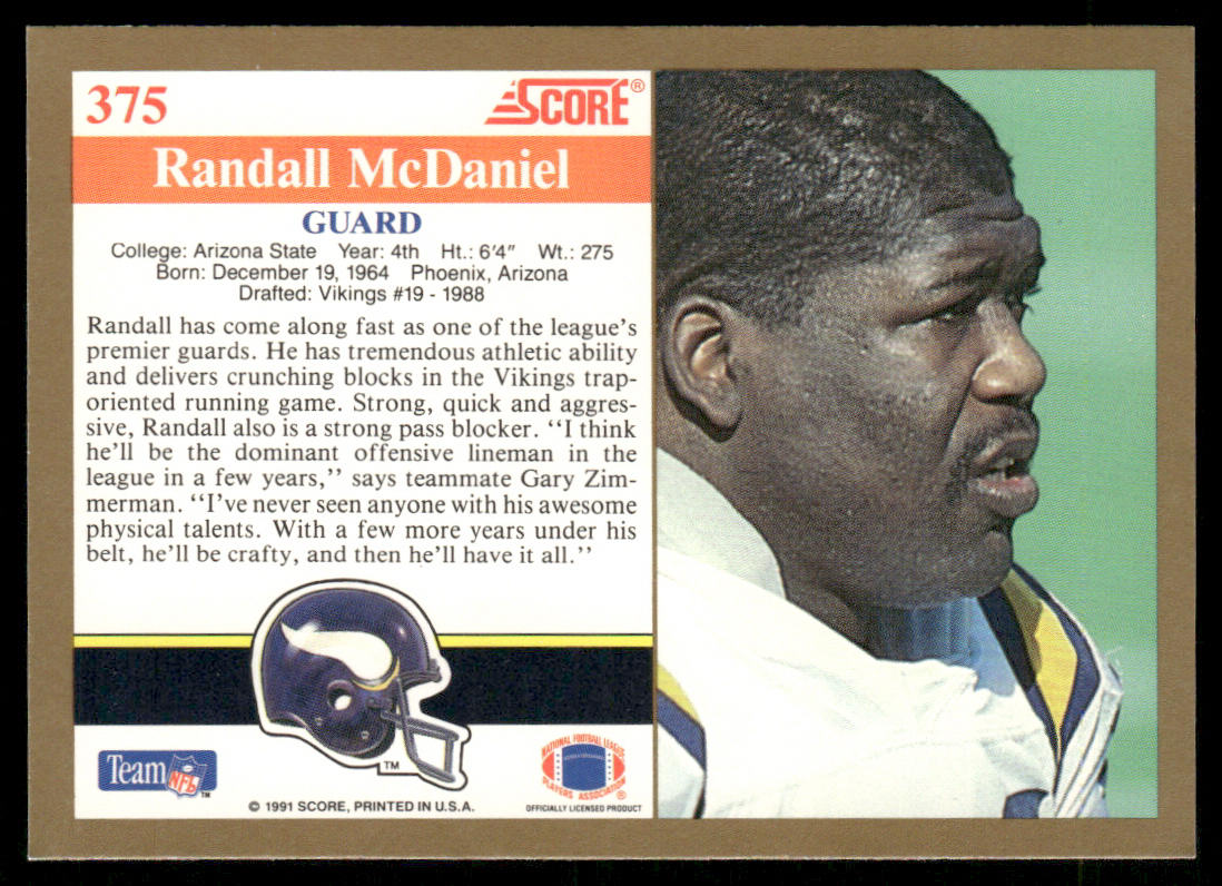 Randall McDaniel 1991 Score #375 Minnesota Vikings