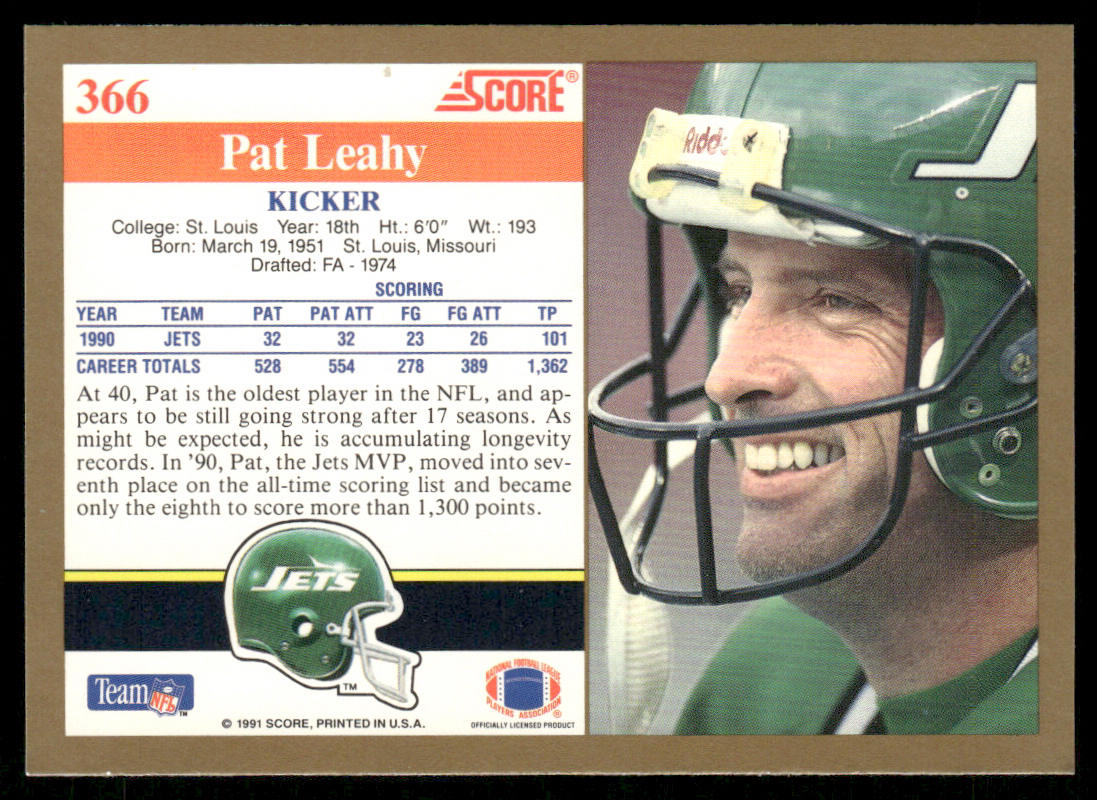 Pat Leahy 1991 Score #366 New York Jets