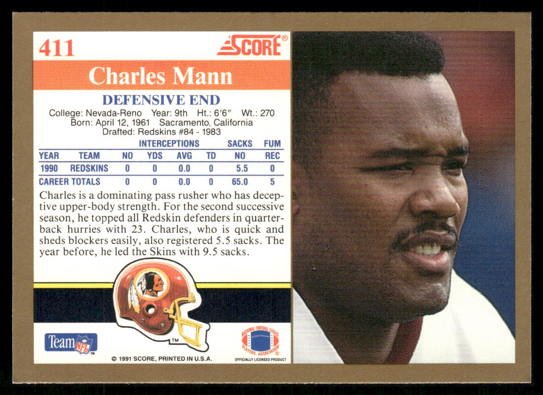 Charles Mann 1991 Score #411 Washington Redskins