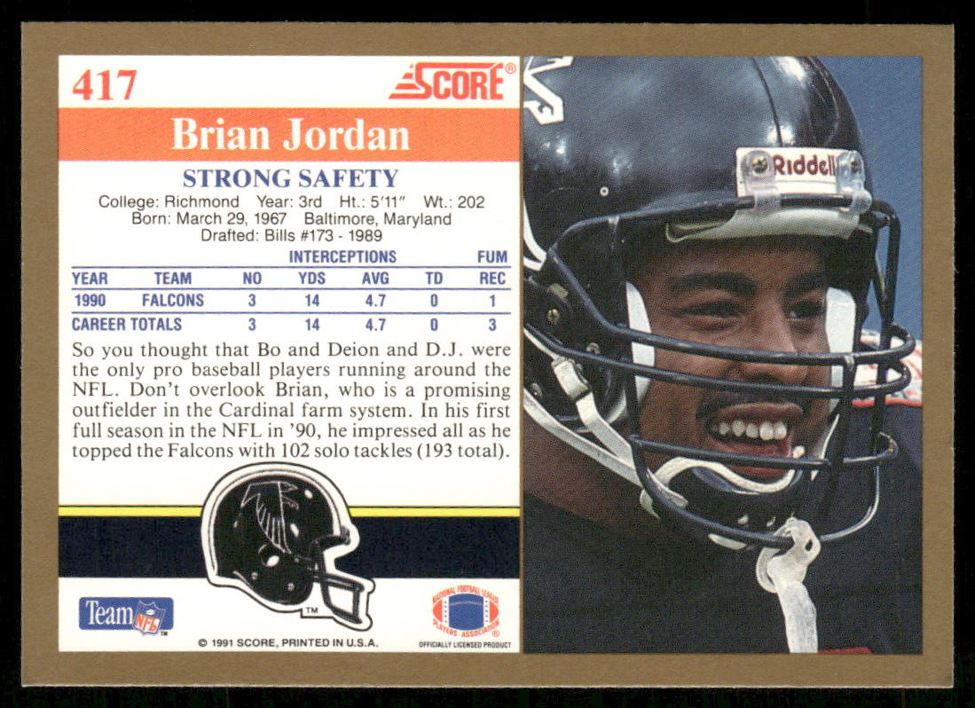 Brian Jordan 1991 Score #417 Atlanta Falcons