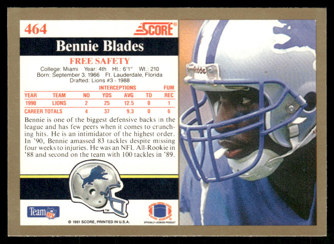Bennie Blades 1991 Score #464 Detroit Lions