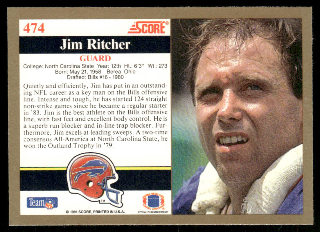 Jim Ritcher 1991 Score #474 Buffalo Bills