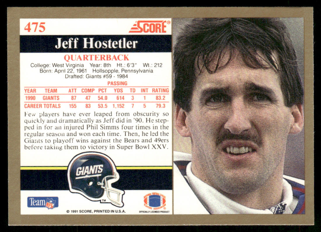 Jeff Hostetler 1991 Score #475 New York Giants
