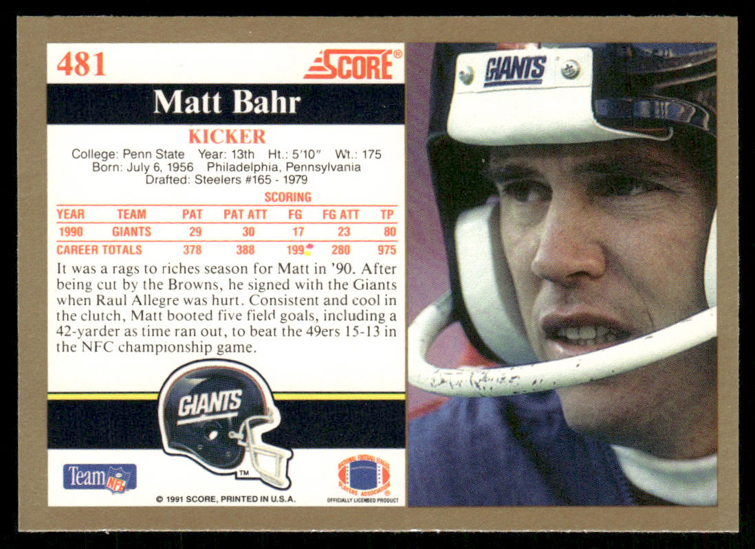 Matt Bahr 1991 Score #481 New York Giants