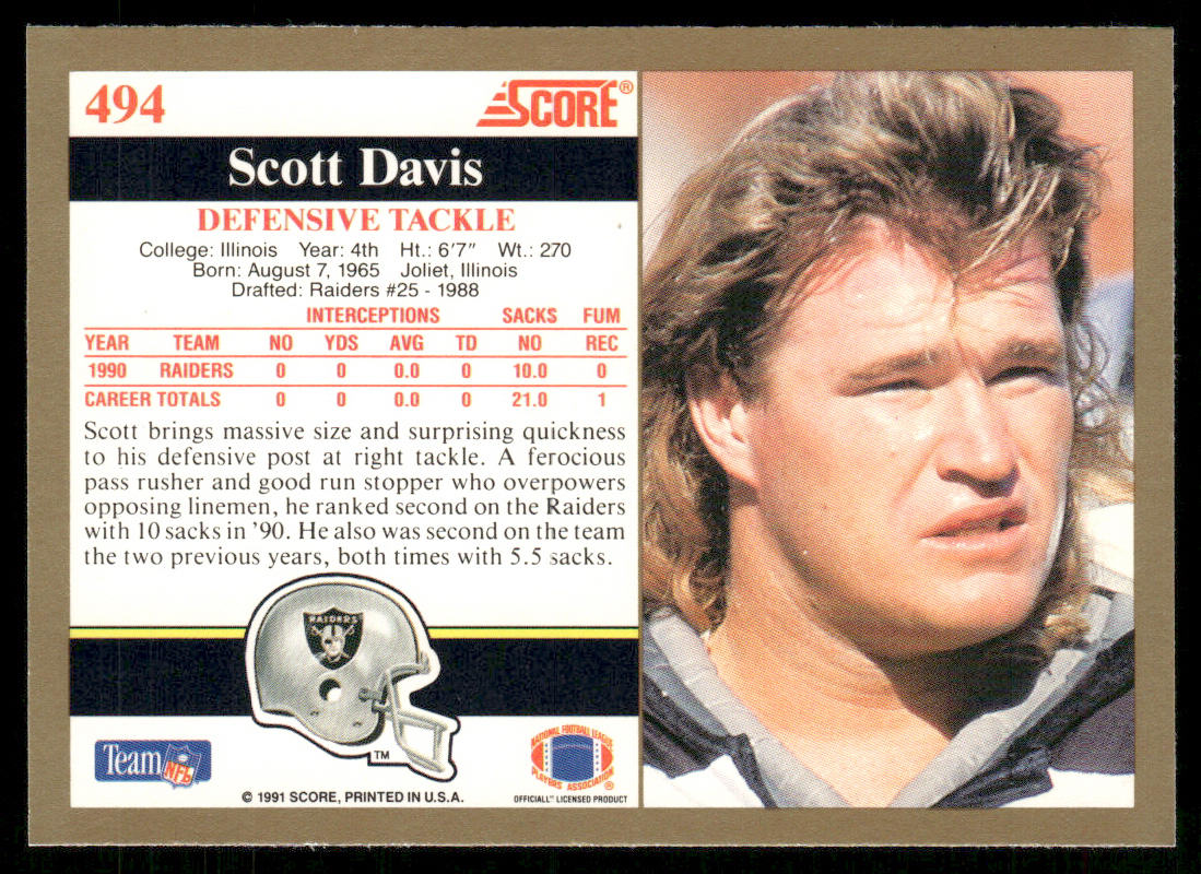 Scott Davis 1991 Score #494 Los Angeles Raiders