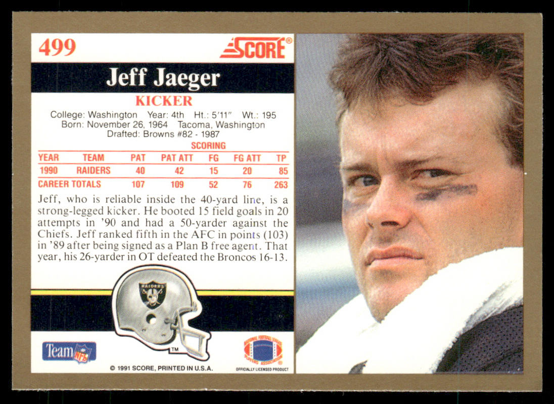 Jeff Jaeger 1991 Score #499 Los Angeles Raiders