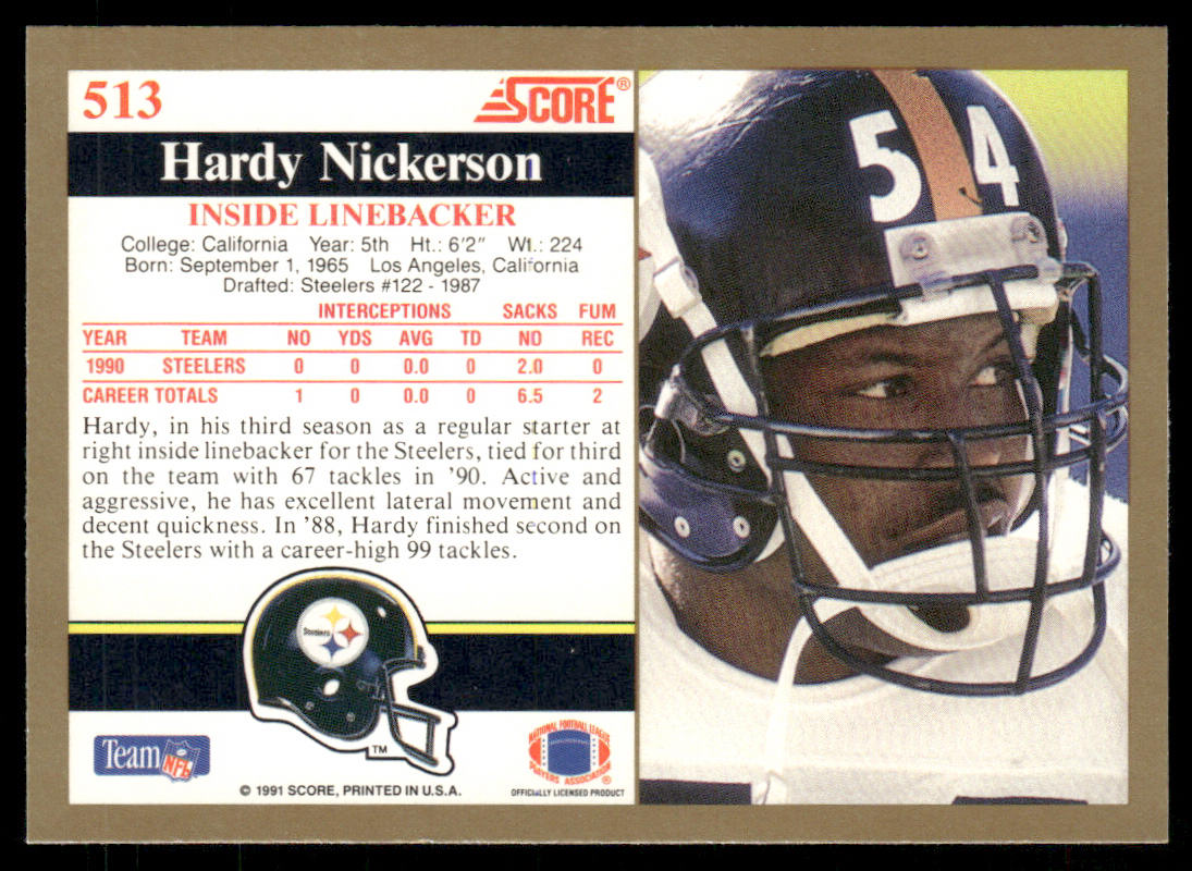 Hardy Nickerson 1991 Score #513 Pittsburgh Steelers