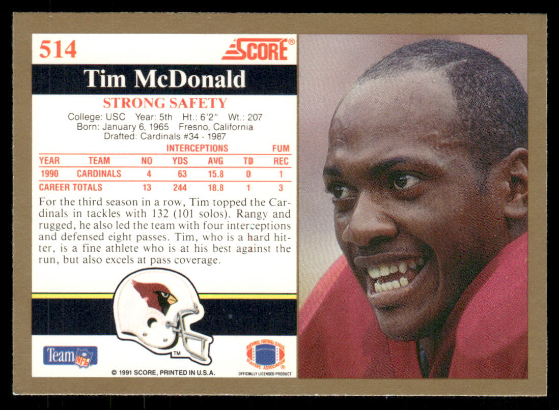 Tim McDonald 1991 Score #514 Phoenix Cardinals
