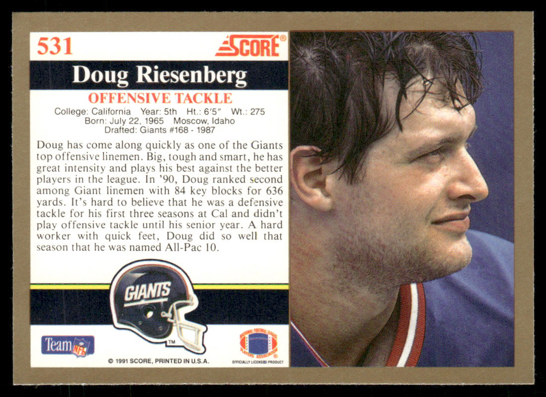 Doug Riesenberg 1991 Score #531 New York Giants