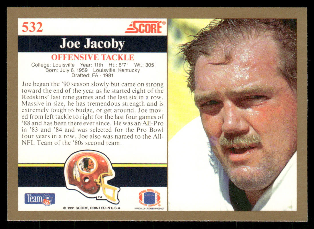 Joe Jacoby 1991 Score #532 Washington Redskins