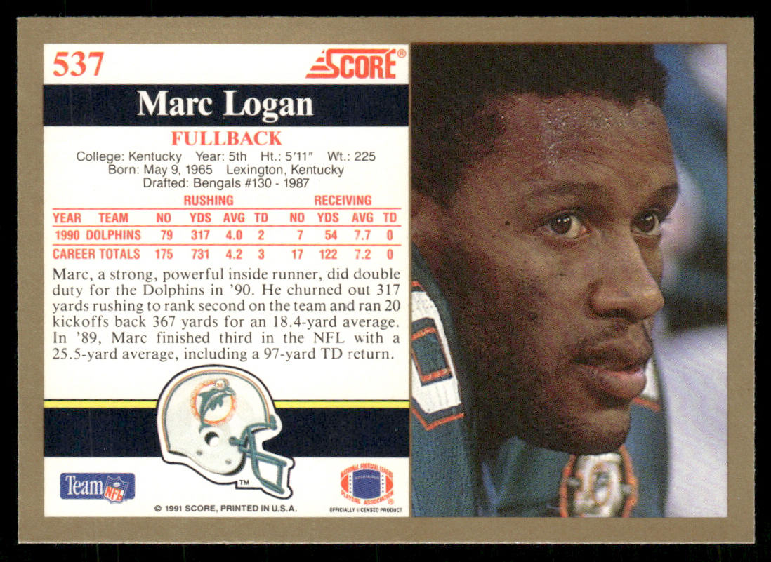 Marc Logan 1991 Score #537 Miami Dolphins