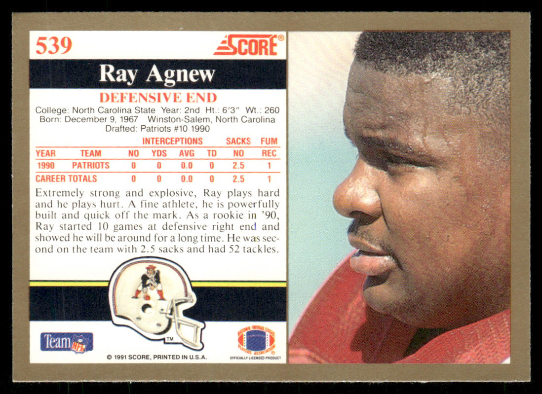 Ray Agnew 1991 Score #539 New England Patriots