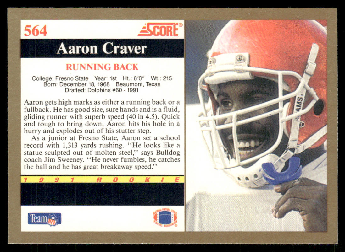 Aaron Craver 1991 Score #564a RC Miami Dolphins