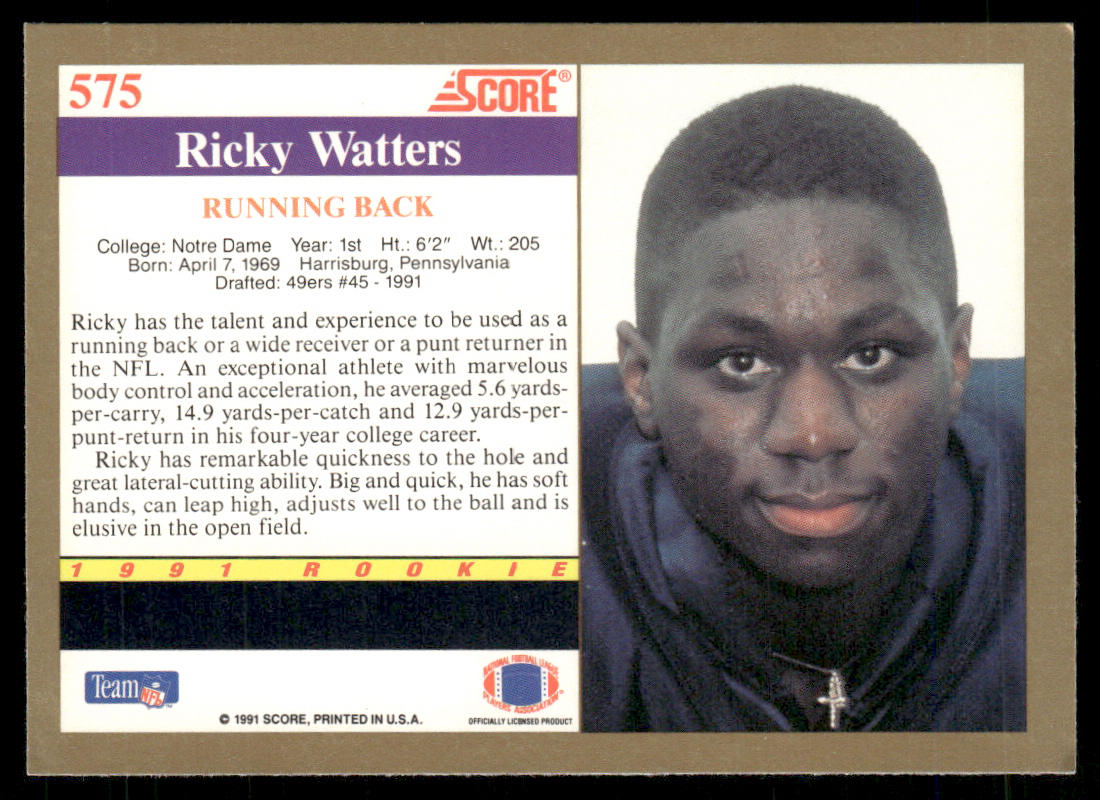 Ricky Watters 1991 Score #575 RC Notre Dame Fighting Irish