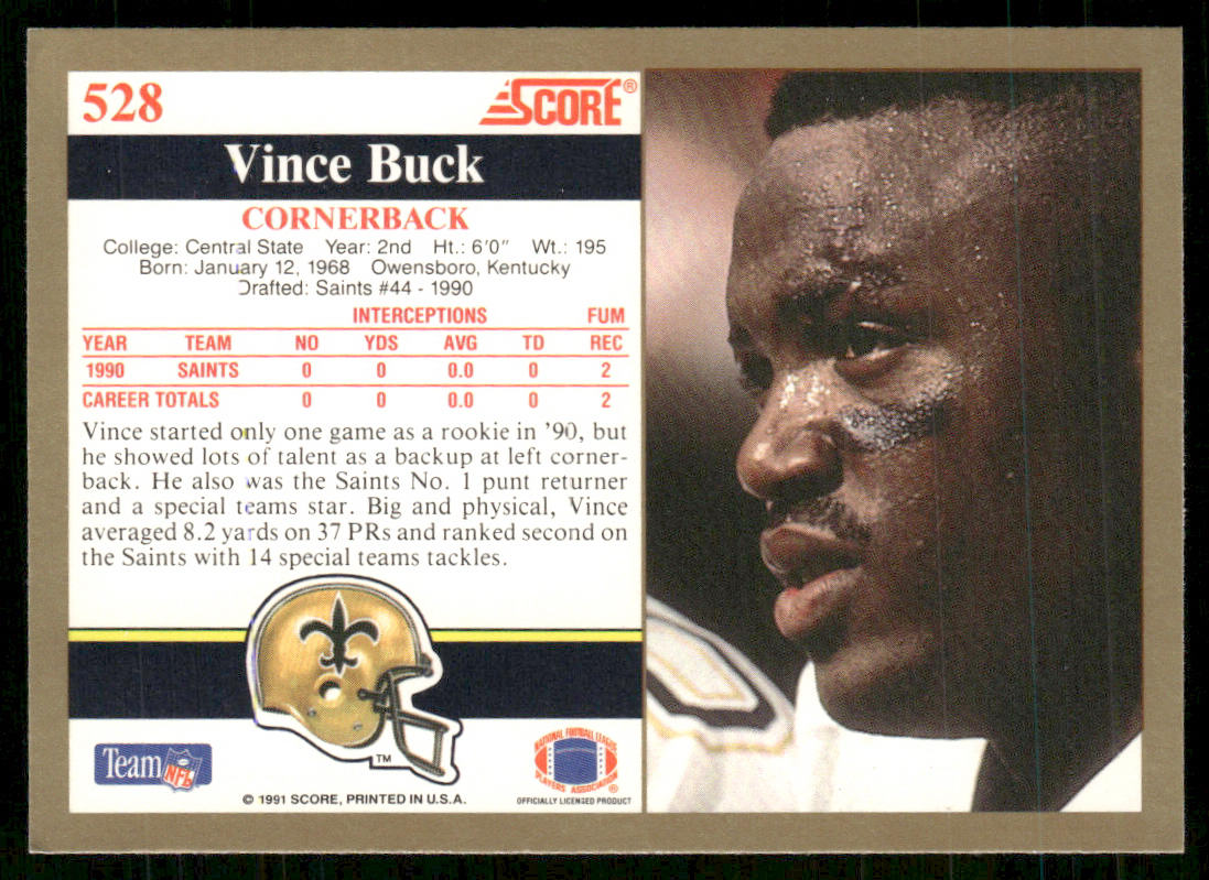 Vince Buck 1991 Score #528 New Orleans Saints