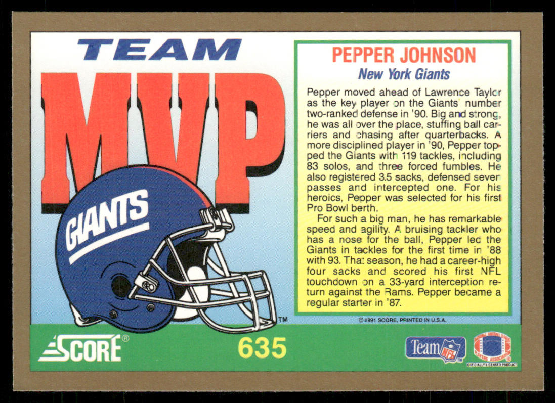 Pepper Johnson 1991 Score #635 New York Giants