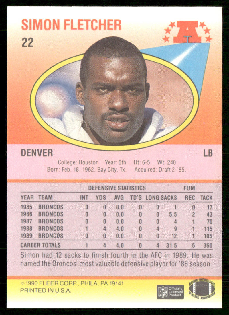 Simon Fletcher 1990 Fleer #22a Denver Broncos