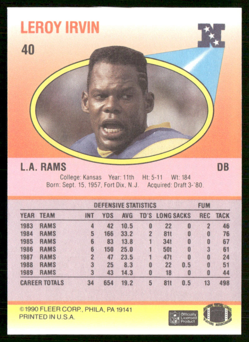 LeRoy Irvin 1990 Fleer #40 Los Angeles Rams