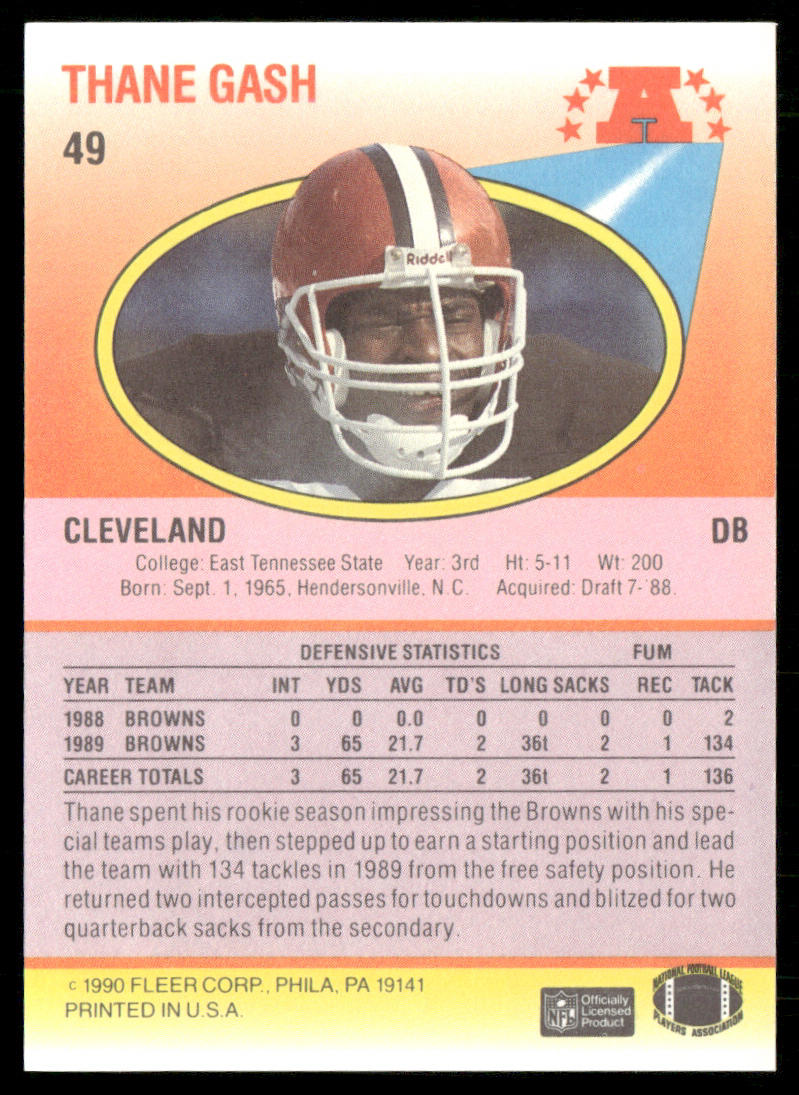 Thane Gash 1990 Fleer #49b RC Cleveland Browns