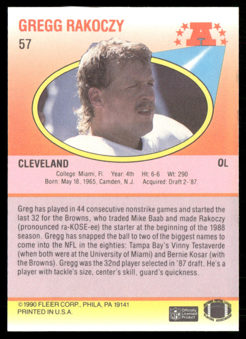 Gregg Rakoczy 1990 Fleer #57 RC Cleveland Browns