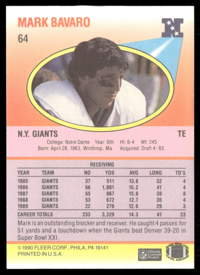 Mark Bavaro 1990 Fleer #64 New York Giants