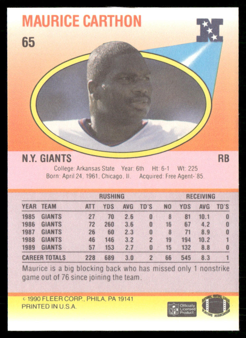 Maurice Carthon 1990 Fleer #65 New York Giants