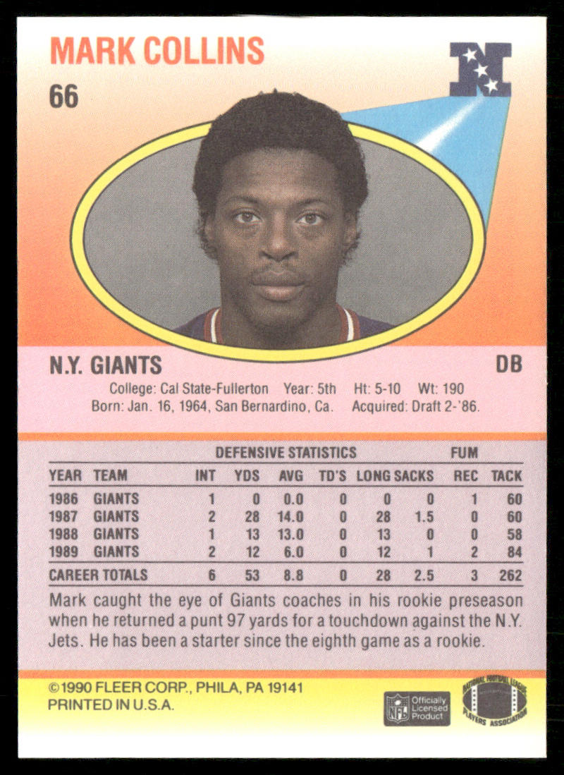Mark Collins 1990 Fleer #66 New York Giants