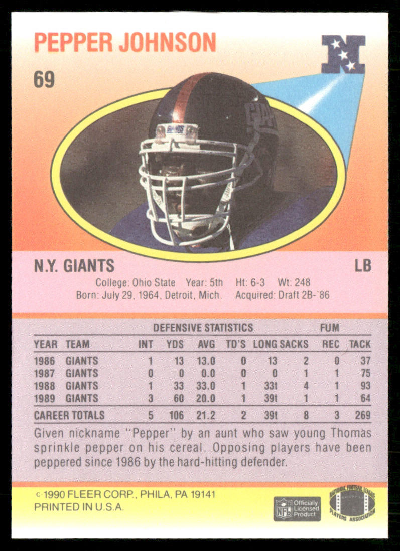 Pepper Johnson 1990 Fleer #69 New York Giants