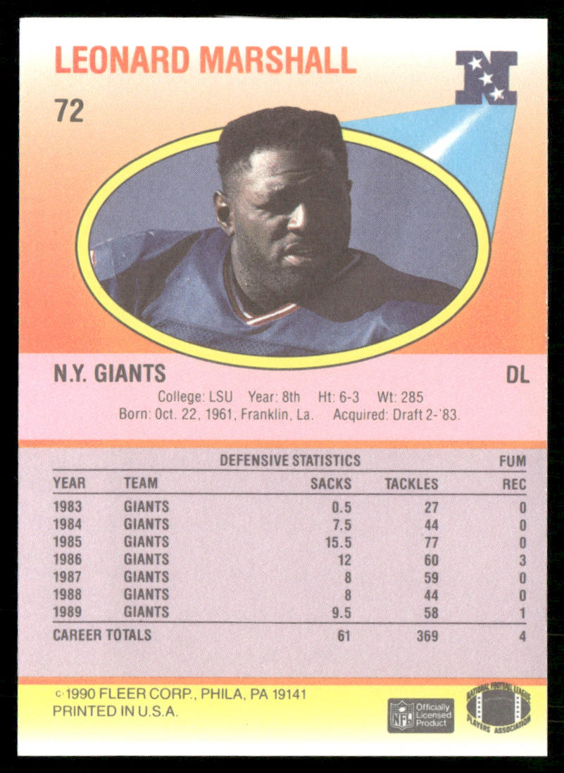 Leonard Marshall 1990 Fleer #72 New York Giants
