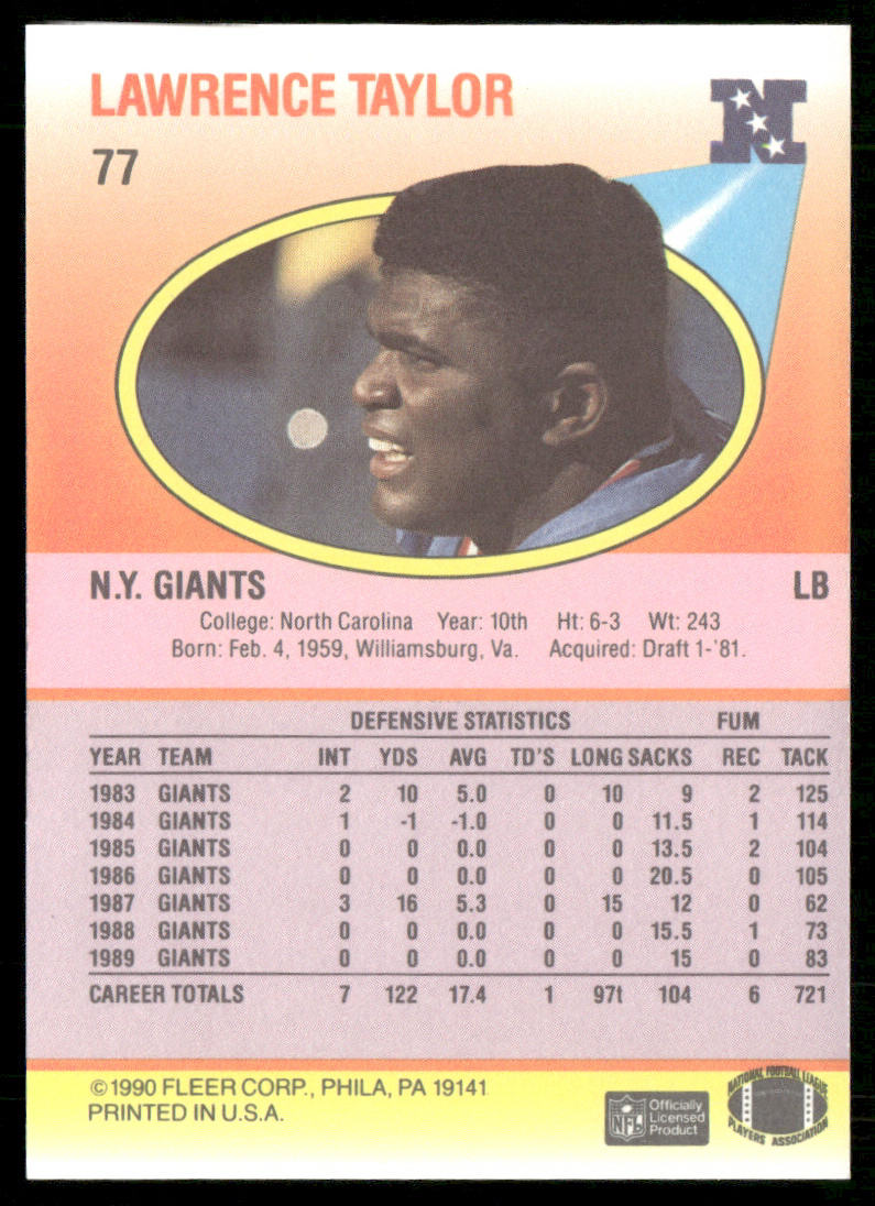 Lawrence Taylor 1990 Fleer #77 New York Giants
