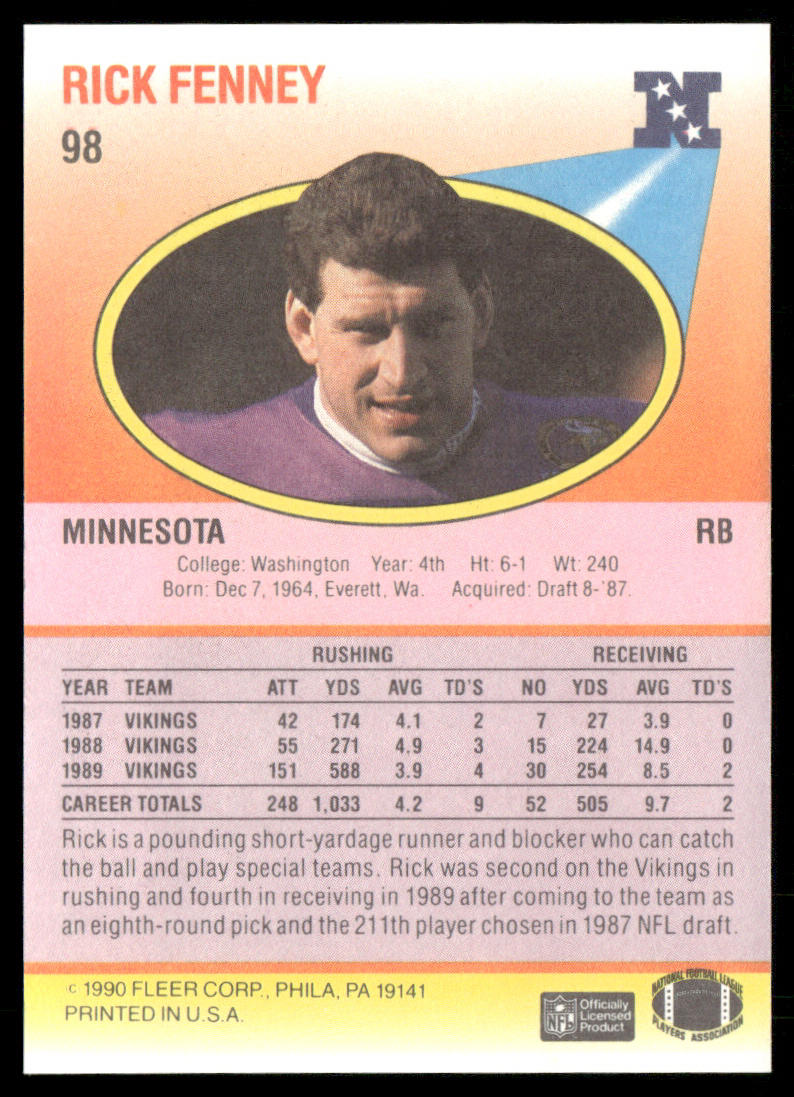 Rick Fenney 1990 Fleer #98 RC Minnesota Vikings
