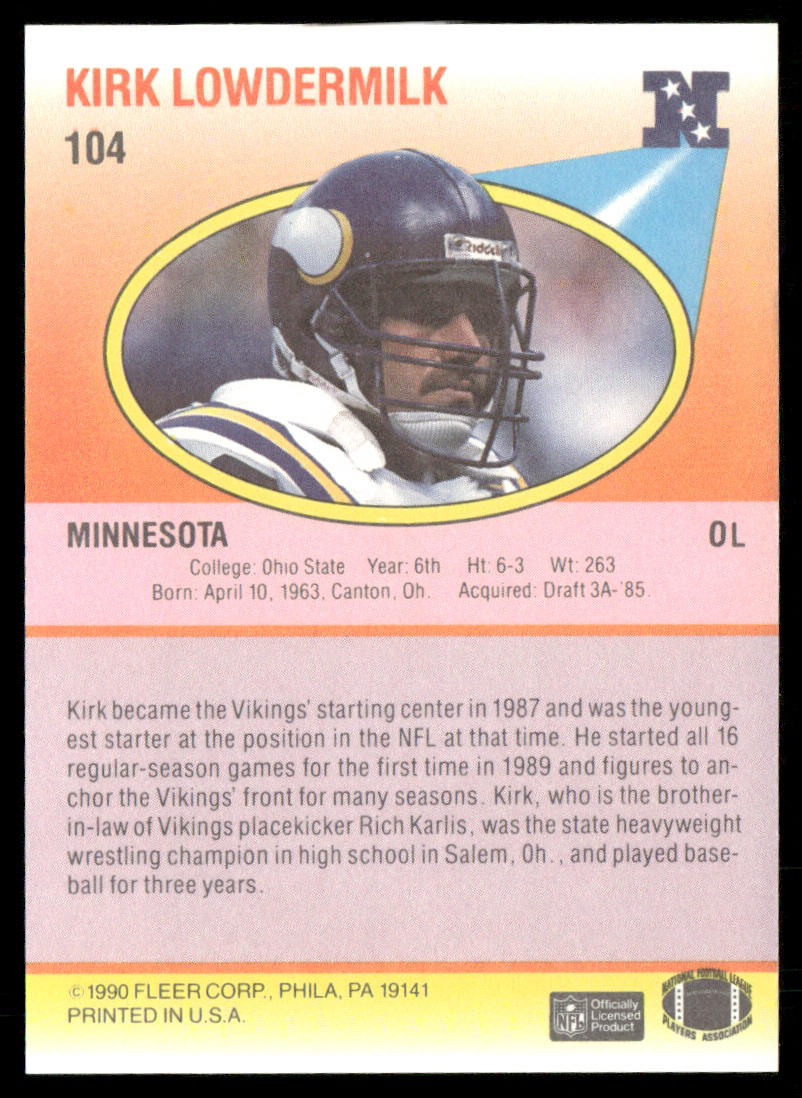 Kirk Lowdermilk 1990 Fleer #104 Minnesota Vikings