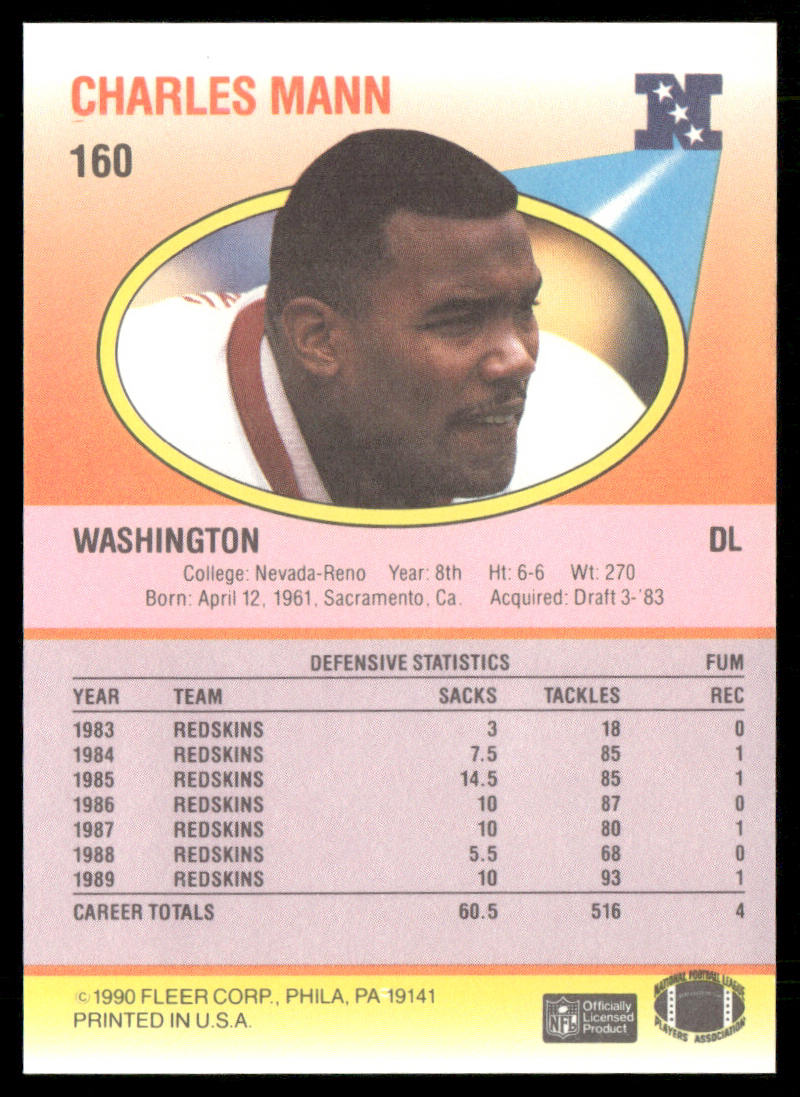 Charles Mann 1990 Fleer #160 Washington Redskins