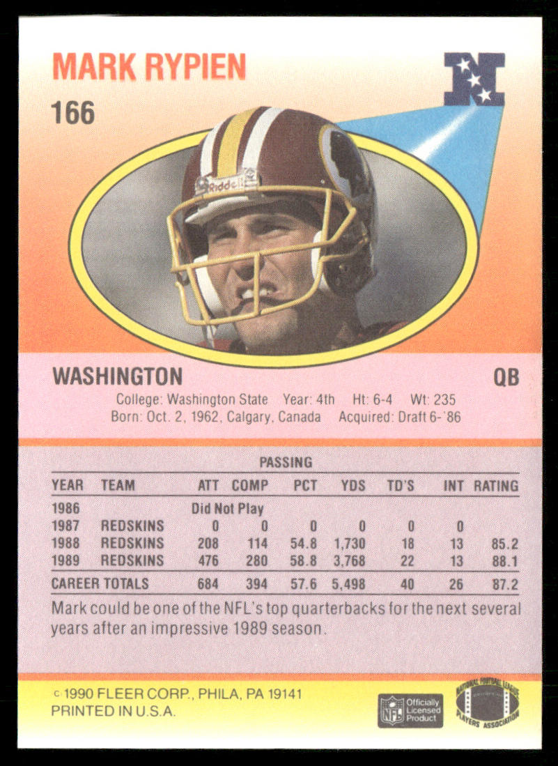 Mark Rypien 1990 Fleer #166 Washington Redskins