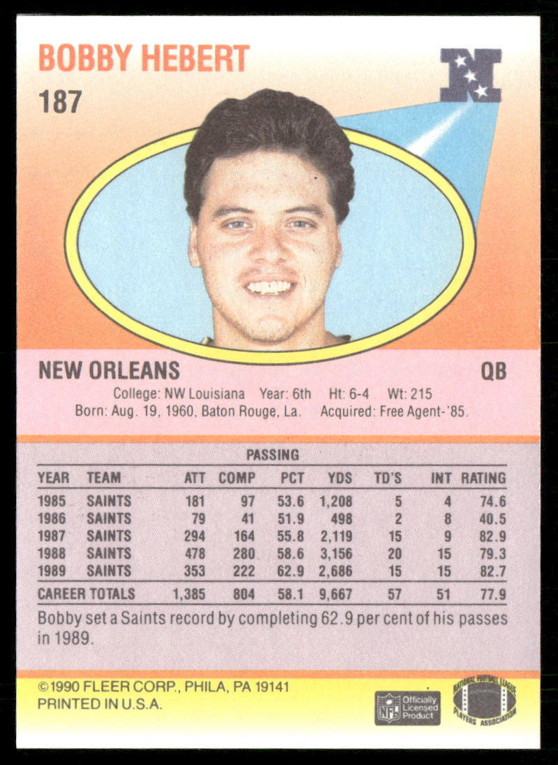 Bobby Hebert 1990 Fleer #187 New Orleans Saints
