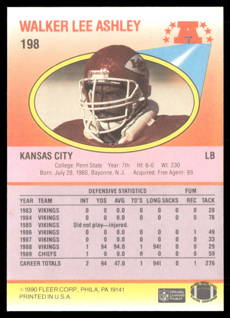 Walker Lee Ashley 1990 Fleer #198b RC Kansas City Chiefs