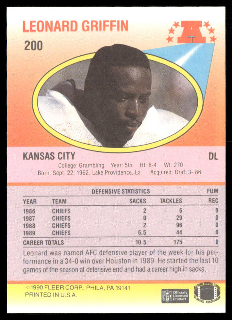 Leonard Griffin 1990 Fleer #200b RC Kansas City Chiefs