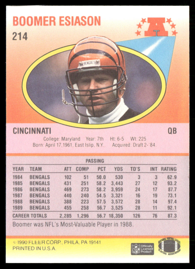 Boomer Esiason 1990 Fleer #214a Cincinnati Bengals