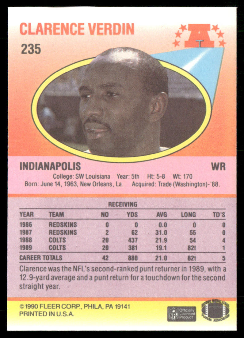 Clarence Verdin 1990 Fleer #235 Indianapolis Colts