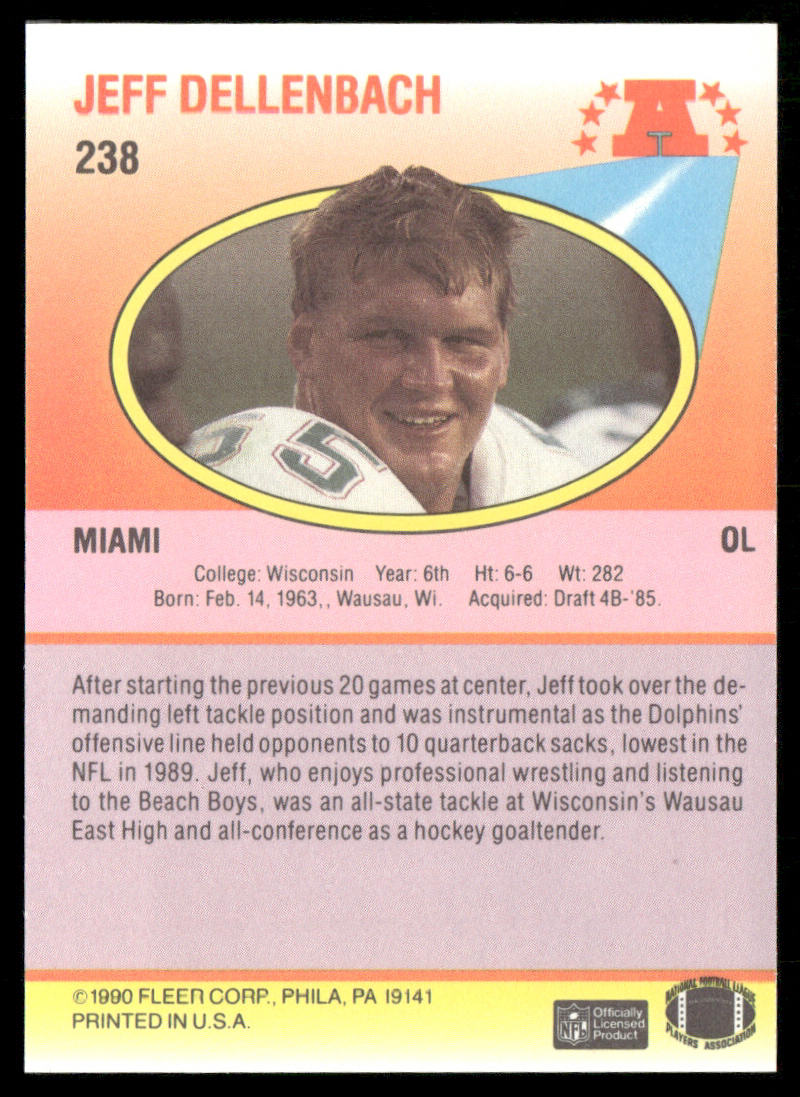 Jeff Dellenbach 1990 Fleer #238 RC Miami Dolphins