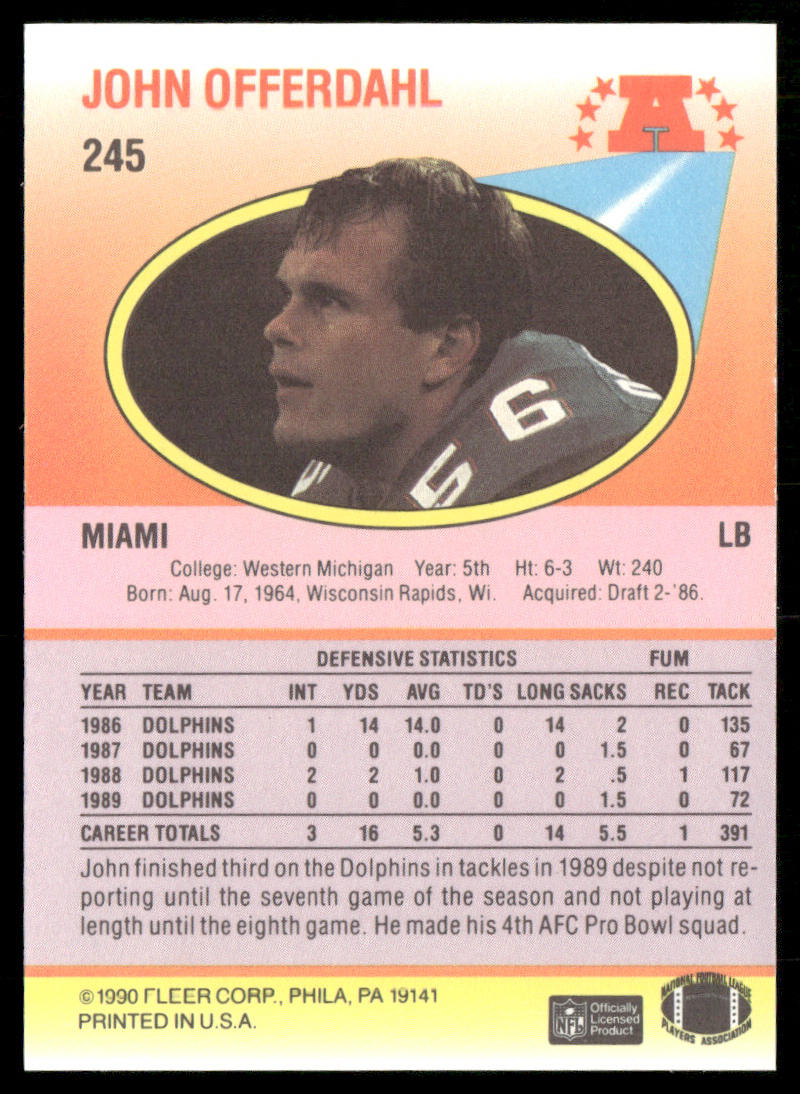 John Offerdahl 1990 Fleer #245 Miami Dolphins