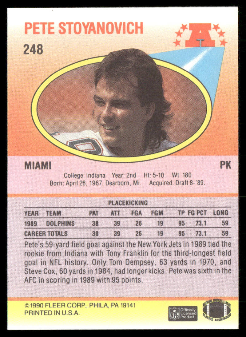 Pete Stoyanovich 1990 Fleer #248 RC Miami Dolphins