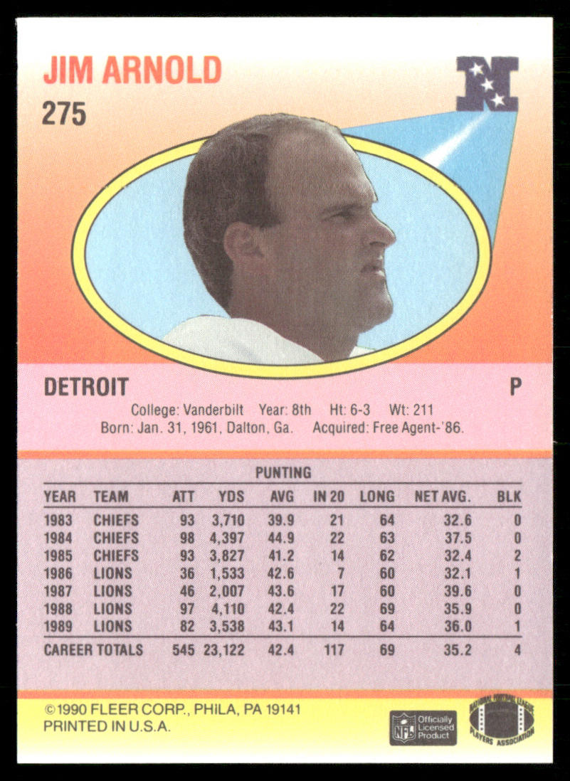 Jim Arnold 1990 Fleer #275 Detroit Lions