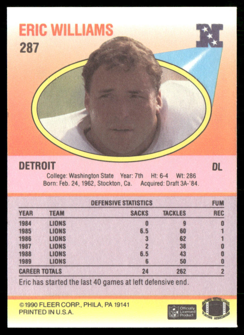 Eric Williams 1990 Fleer #287 RC Detroit Lions