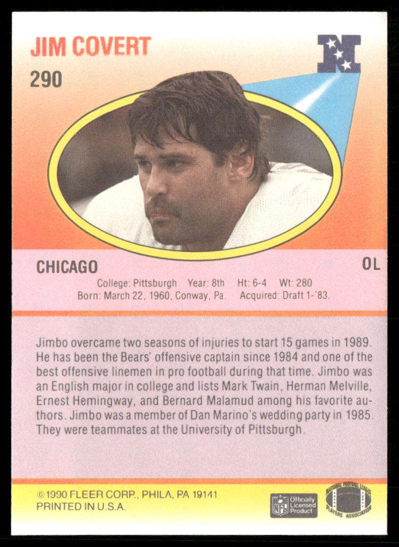 Jim Covert 1990 Fleer #290 black line above text on back Chicago Bears