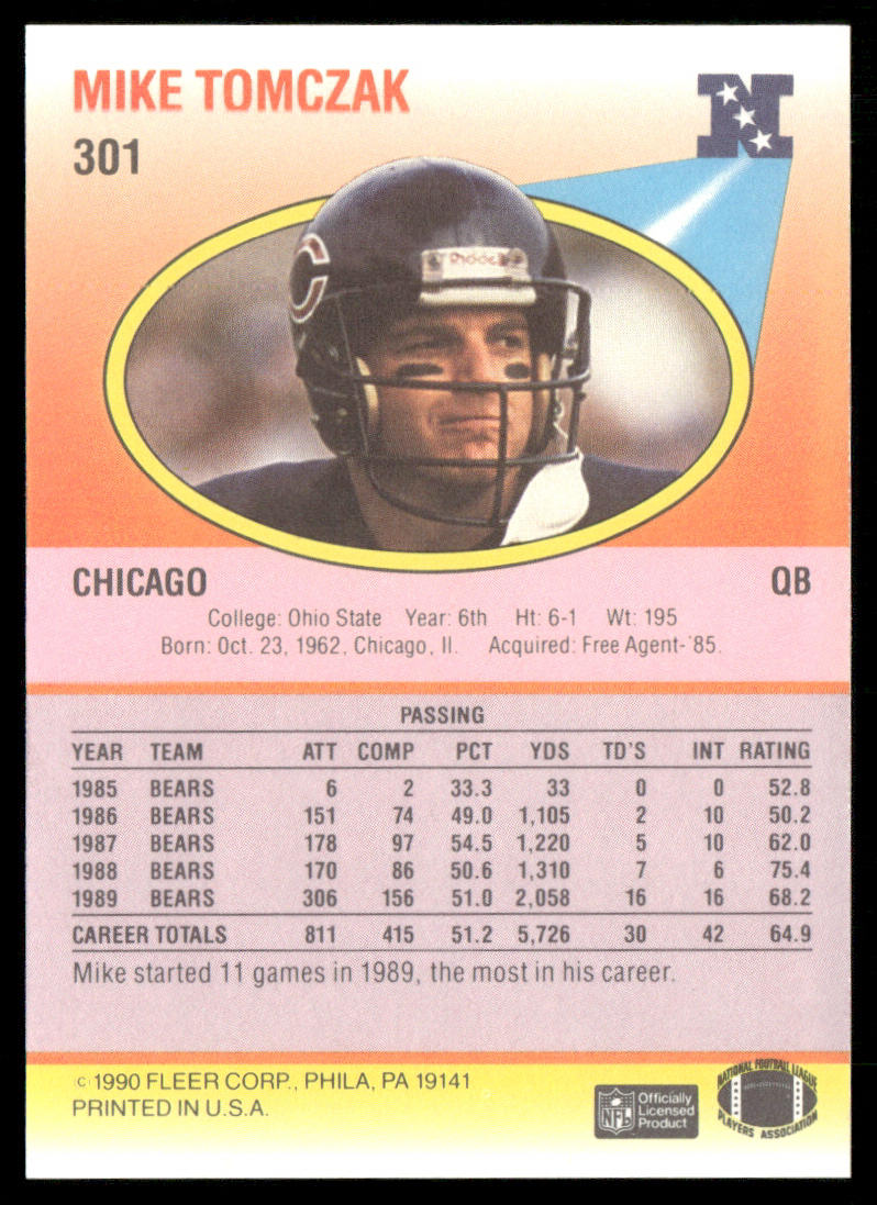 Mike Tomczak 1990 Fleer #301 Chicago Bears