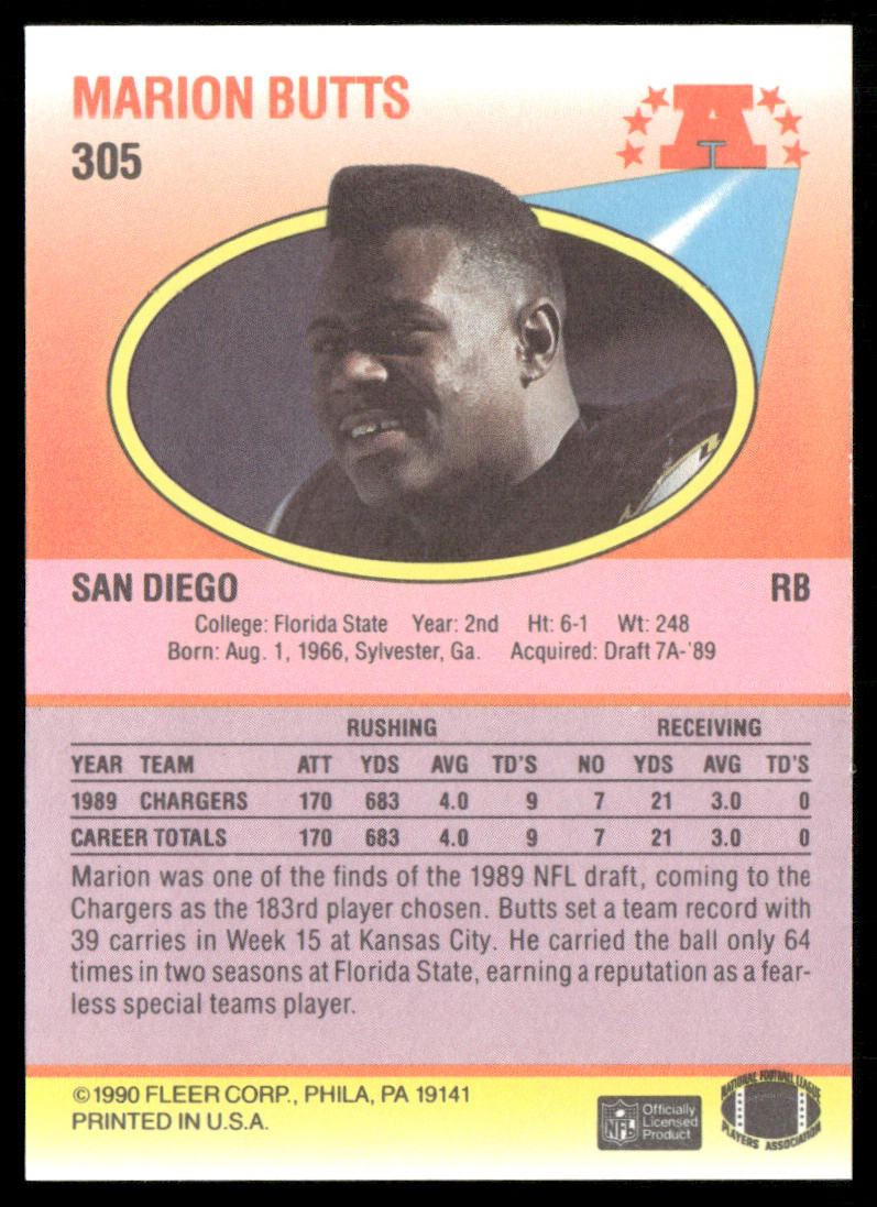 Marion Butts 1990 Fleer #305 San Diego Chargers