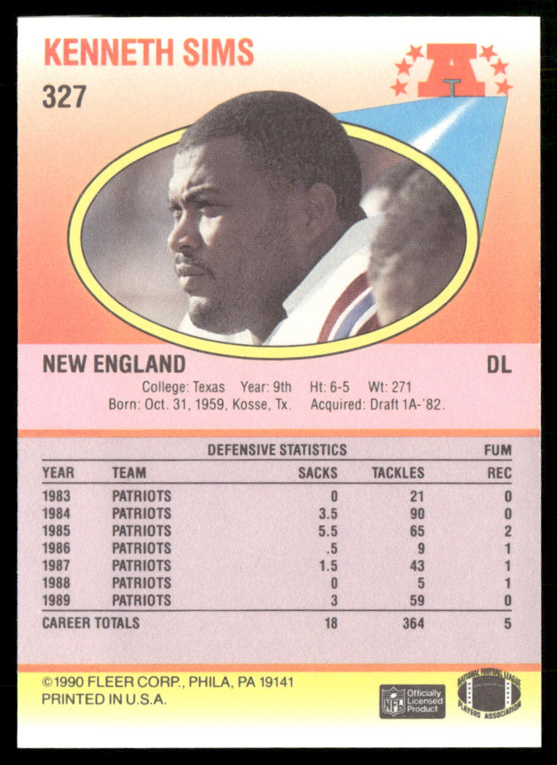 Kenneth Sims 1990 Fleer #327 New England Patriots