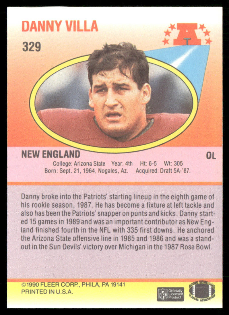 Danny Villa 1990 Fleer #329 RC New England Patriots