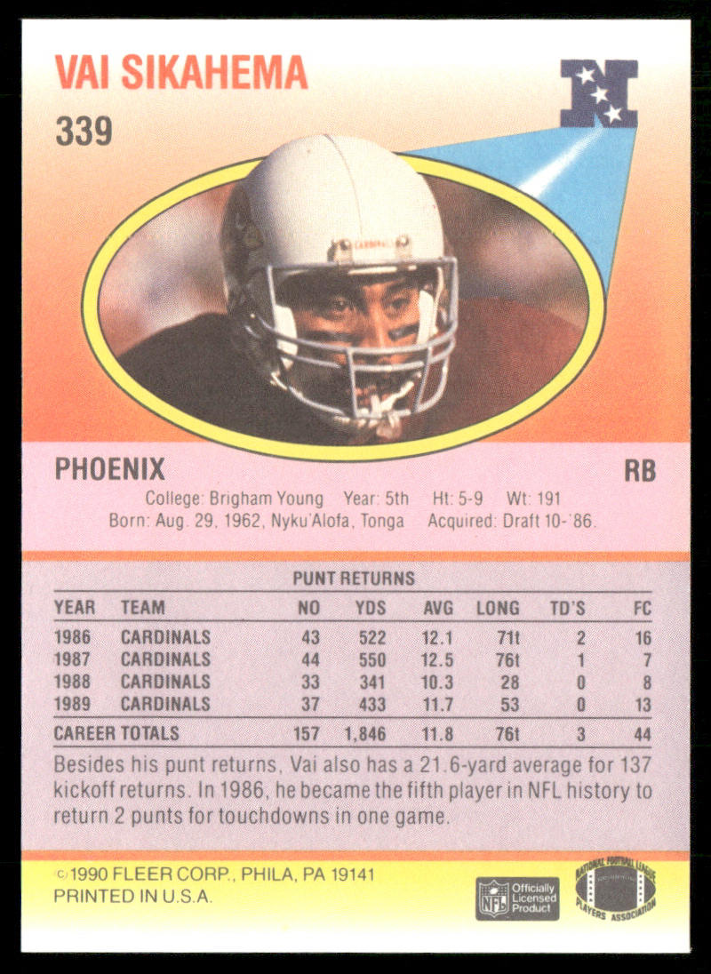 Vai Sikahema 1990 Fleer #339 Phoenix Cardinals